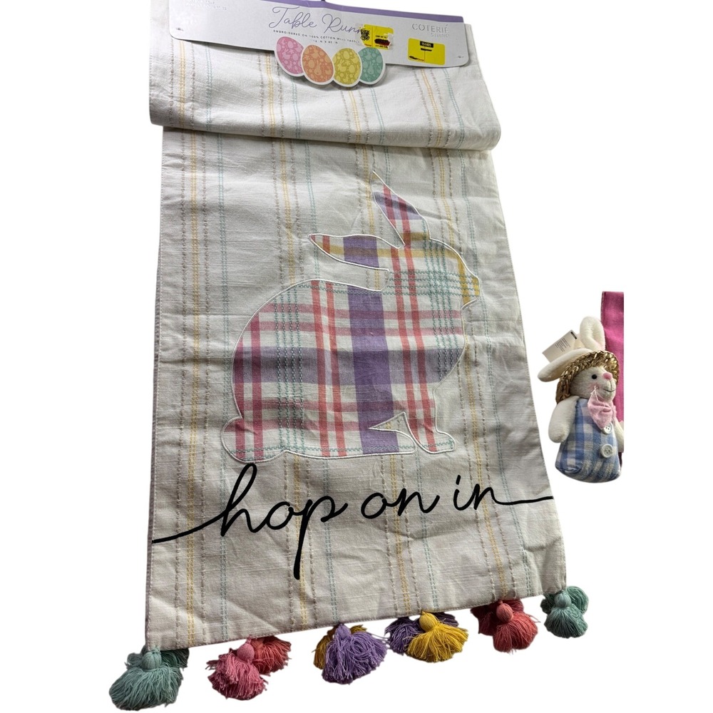 Coterie Studio Easter Table Runner Set New White Pink Plaid Bunny Tassels 16x80